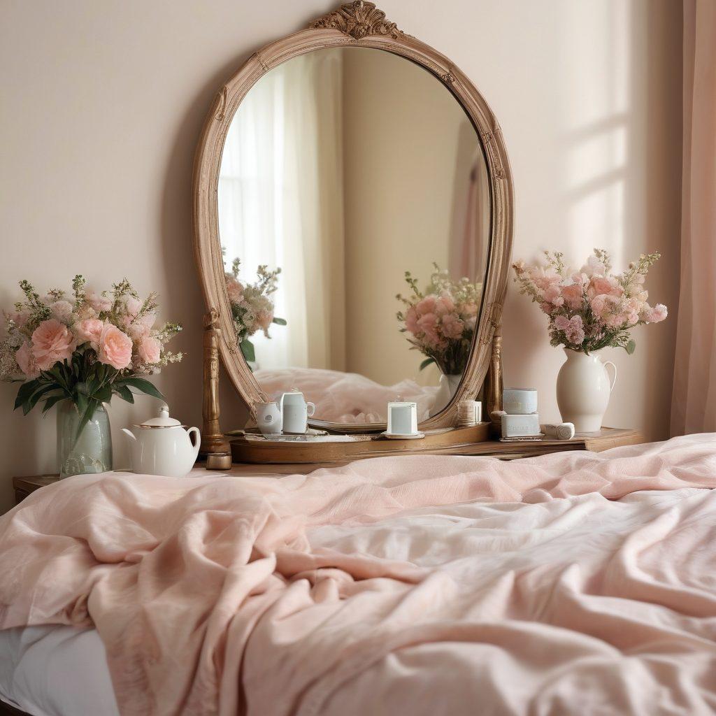 A serene and inviting bedroom scene showcasing a beautifully arranged intimate apparel display, featuring soft pastel colors and gentle lighting. Include elements like a mirror reflecting a confident figure, delicate lingerie laid out, and a comforting cup of tea nearby, symbolizing self-care and restoration. Add a touch of floral decoration to enhance the atmosphere of renewal and elegance. soft focus. warm tones. serene atmosphere.