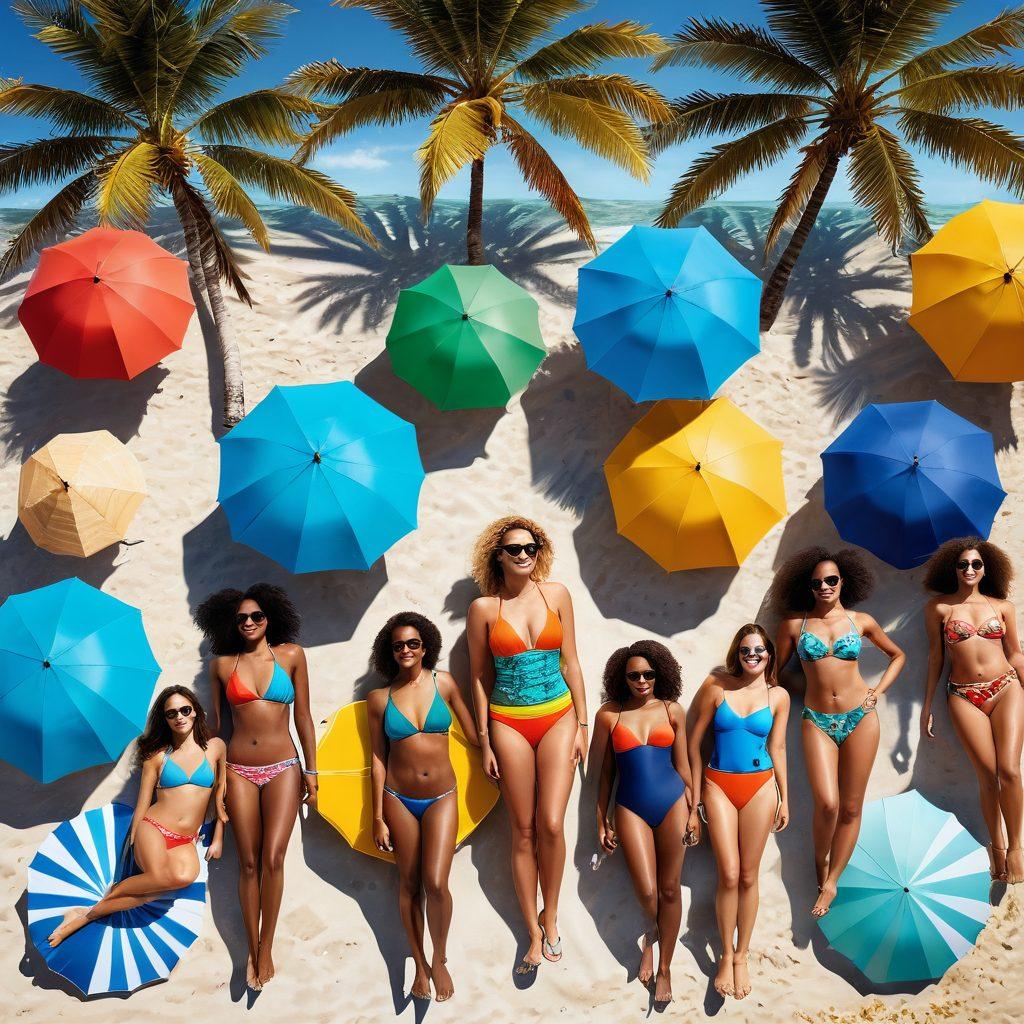 A sunlit beach scene featuring a diverse group of individuals of varying body types confidently wearing stylish swimwear. Showcase an array of flattering swimwear options, from bikinis to one-pieces, displayed on beach towels and sun loungers. Include palm trees, colorful beach umbrellas, and clear blue water to capture a vibrant summer vibe. Emphasize a sense of confidence and joy among the beachgoers. super-realistic. vibrant colors. summer theme.